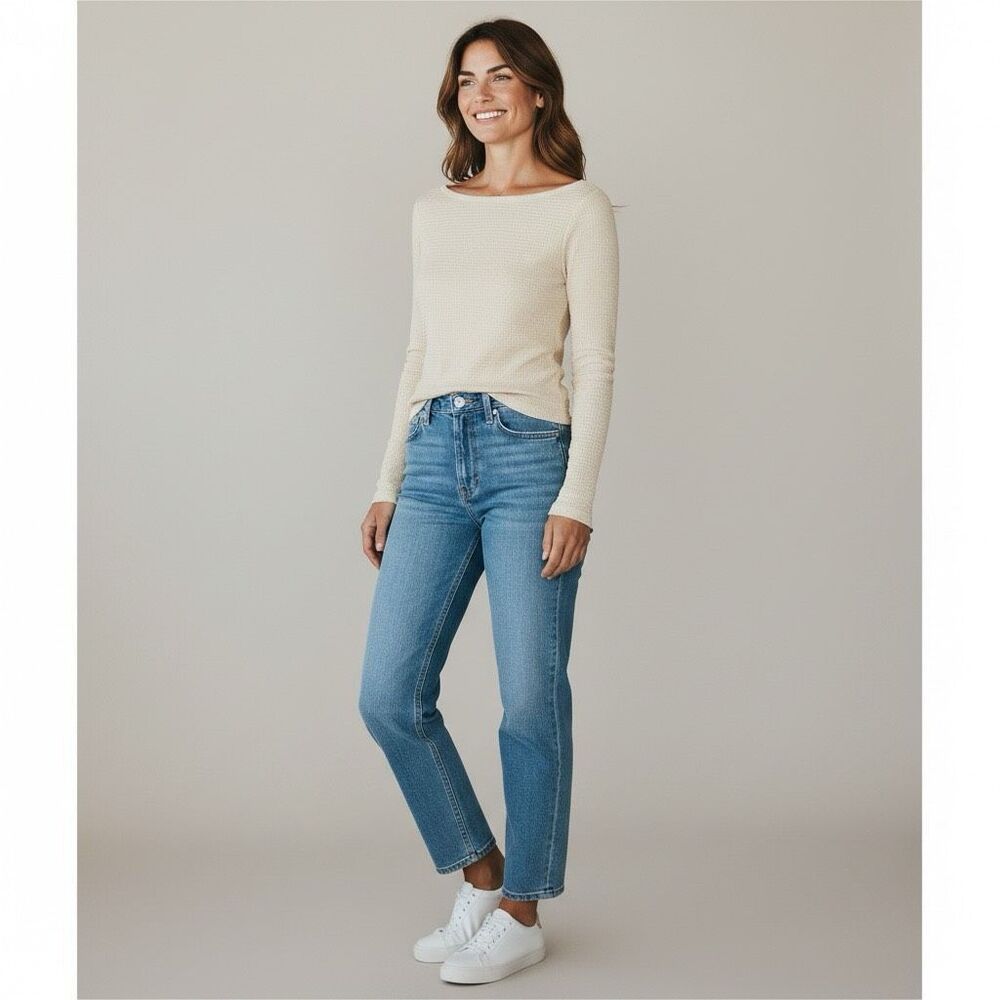 Reformation Waffle Boatneck Shirt Size Medium Cream Long Sleeve Cropped